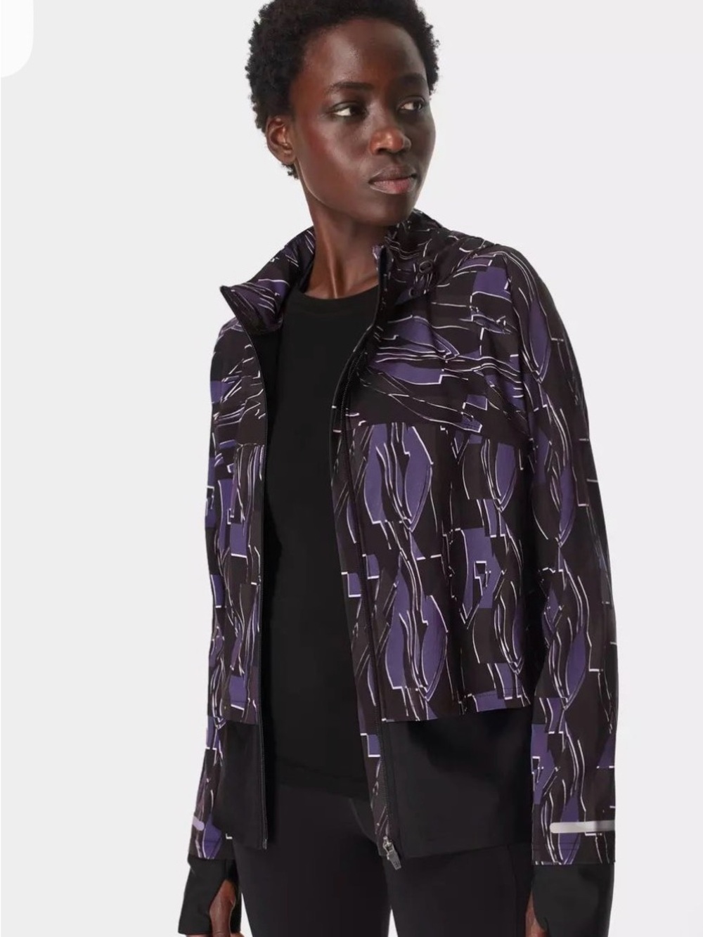 Sweaty Betty Black & Purple Patterned Fast Track Running Jacket Size Small